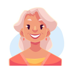 Grey haired old lady, smiling facial expression, cartoon vector illustrations isolated on blue background. Old woman with a wide smile, white teeth. Happy, glad, smiling face expression