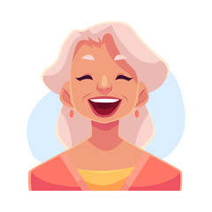 Grey haired old lady, laughing facial expression, cartoon vector illustrations isolated on blue background. Old woman laughing out load with closed eyes and open mouth. Laughing face expression