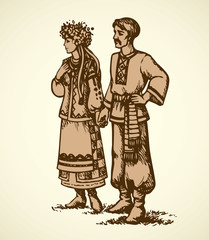 Young couple in Ukrainian national dress. Vector sketch