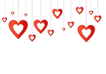 Valentine background with red hearts with holes hanging on a scarlet thread up.