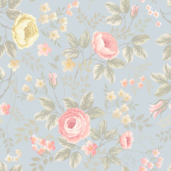 seamless floral pattern with roses on blue background - 132750539