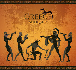 Ancient Greece scene. Black figure pottery. Hunting  Minotaur
