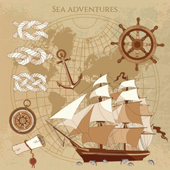 Fototapeta premium Old pirate map. Sailing ship, old compass, anchor, pirate