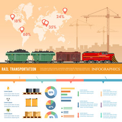 Naklejka premium Freight trains infographics. Cargo train with coal