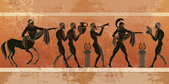 Ancient Greece scene. Black figure pottery.