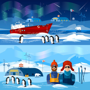 Travel to Antarctica banners. Scientific station on North Pole.