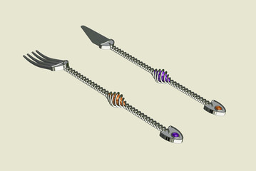 Original CAD Design of Knife and Folk featuring spiral handles and Gem stones 