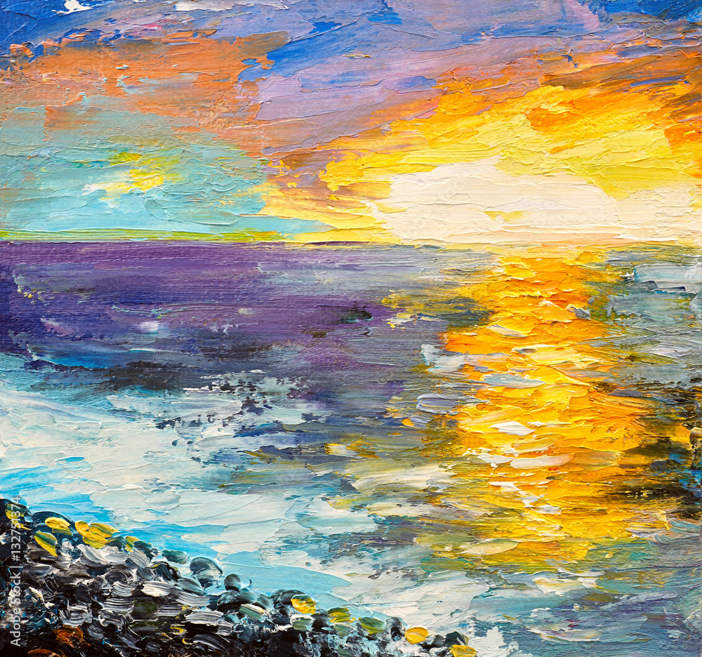 Wall mural oil painting of the sea, sunset on the coast, watercolor