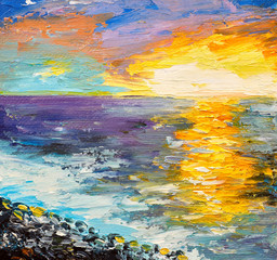 Oil painting of the sea, sunset on the coast, watercolor