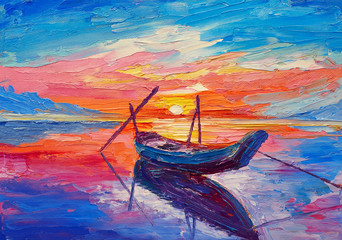 Oil painting, artwork on canvas. Fishing boats on sea   - 132751379