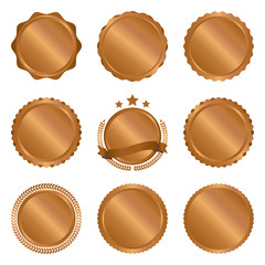 Collection of modern, bronze circle metal badges, labels and design elements. Vector illustration