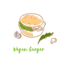 Vegan burger/ Vector drawing vegan burger. Vegetarian bun with green lettuce, onions, mushrooms and arugula