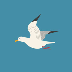 Sea gull icon. Freehand cartoon style. Flying seagull bird logo. Seabird marine symbol isolated. Stylized nautical animal emblem. Element project banner background. Vector design advertisement label