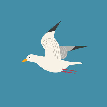 Sea gull icon. Freehand cartoon style. Flying seagull bird logo. Seabird marine symbol isolated. Stylized nautical animal emblem. Element project banner background. Vector design advertisement label