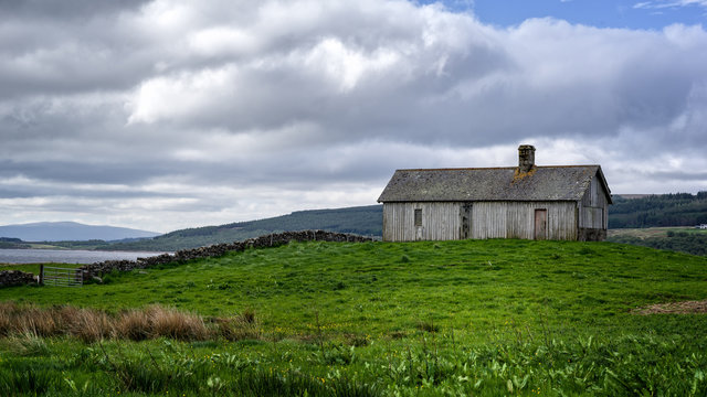 A lonely shed in Scotland near the coast.