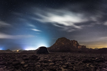 Night stars sky mountain silhouette desert  landscape nature. - obrazy, fototapety, plakaty