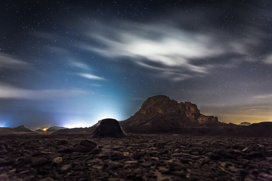Night stars sky mountain silhouette desert  landscape nature.