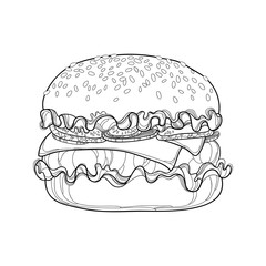 Vector outline cheeseburger with cheese, beef, cucumber, lettuce, onion and sesame seed isolated on white background. Fast food elements in contour style for coloring book and design food menu. 