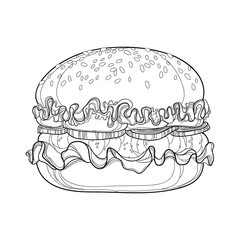 Vector illustration of outline hamburger with beef, tomatoes, lettuce, onion and sesame seed isolated on white background. Fast food elements in contour style for coloring book and design food menu. 