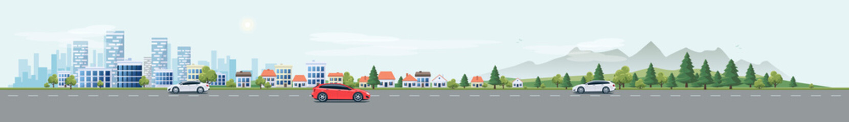 Urban Landscape Street Road with Cars and City Nature Background © petovarga