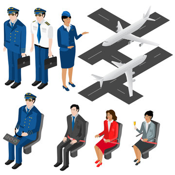 Set of pilots in isometric view isolated on a white background. Planes on the runway. The flight attendant standing next to the passengers in their seats.