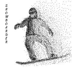 Silhouette of a snowboarder from particles. Abstract dotted surface. Black dots on white background