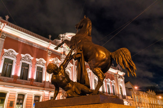 Horse tamers bronze statues of Anichkov Bridge in Saint Petersbu