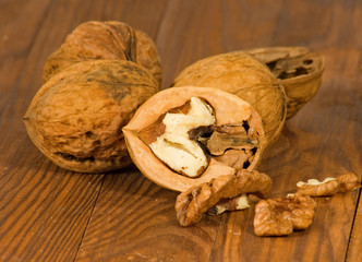 Image of ripe walnuts on the table close-up