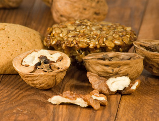 Image of ripe walnuts on the table close-up