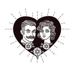 Hand Drawing vector illustration for Saint Valentine's card . Vector logo man and woman. Couple on heart background. Wedding invitation in retro style.