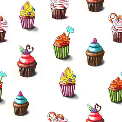 Cupcake illustration. Seamless pattern