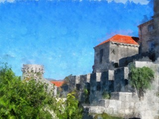 Fototapeta na wymiar view of the fortress watercolor painting; photo manipulation
