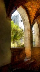 Fototapeta na wymiar view of the ruins of the monastery watercolor painting; photo ma
