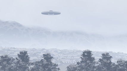 Fototapeta na wymiar 3d UFO over the mountain town 