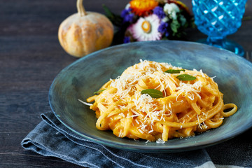 Creamy roasted butternut pumpkin pasta with parmesan cheese and sage