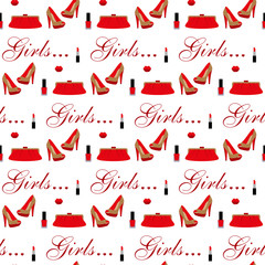 Cosmetics, shoes, bag. Seamless pattern.