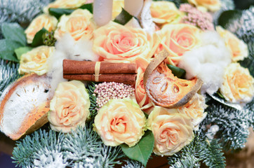 Bouquet of roses and fir branches