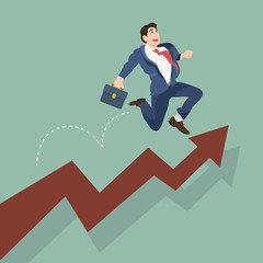 Obraz premium Businessman jump over growing chart. Happy employee and growth of the business.