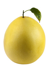 yellow pomelo with green leaf isolated on white background