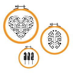 Needlework tribal design on embroidery hoops. Wooden round frames with ethnic black designs vector.