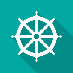 Boat steering wheel icon with long shadow. Flat design style. Ship helm simple silhouette. Modern flat icon in stylish colors. Web site page and mobile app design vector element.