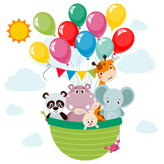 Naklejka premium Animals (panda, elephant, giraffe, rabbit, hippo, crab) cartoon style traveling by a hot air balloon. Vector childhood illustration for children postcards and posters.