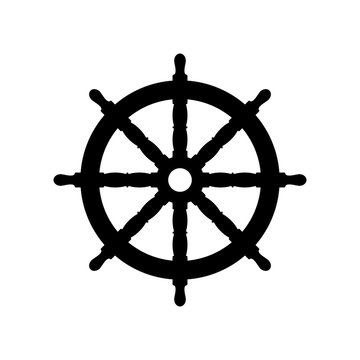Boat steering wheel icon. Black icon isolated on white background. Ship helm simple silhouette. Web site page and mobile app design vector element.