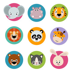 Big set head of animals icons. Vector collection funny face of animals. Cute face of animals: forest, farm, domestic in cartoon style. Giraffe, elephant, hippo, rabbit, tiger, lion, panda, cat