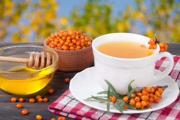 Tea of sea-buckthorn berries with honey on wooden table blurred garden background
