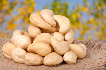 heap of cashew nuts on a wooden table with sacking and blurred garden background