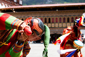 Bhutan clown celebration on a festival in Thimphu with costume and mask wooden phallus fun - 132763522