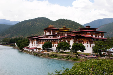 Bhutan Punakha Dzong monastery temple on a river landmark panorama