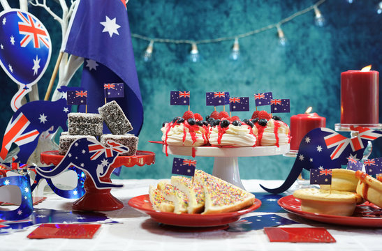 Australian Theme Party Table With Flags And Iconic Food