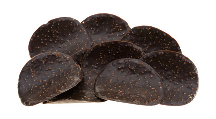 Chocolate covered rice crisps on a white background.